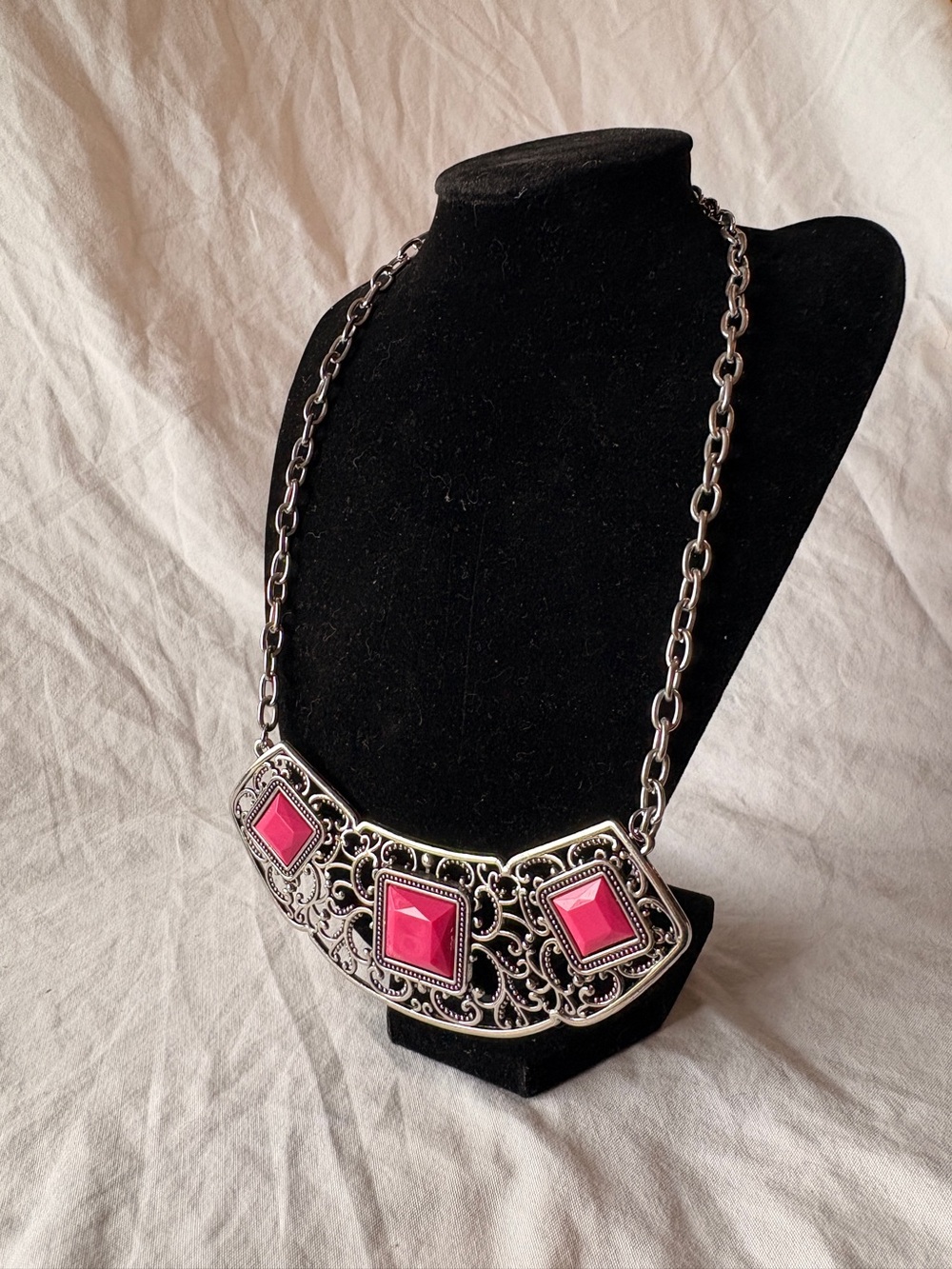 Bold Pink Stone Filigree Necklace - Unbranded